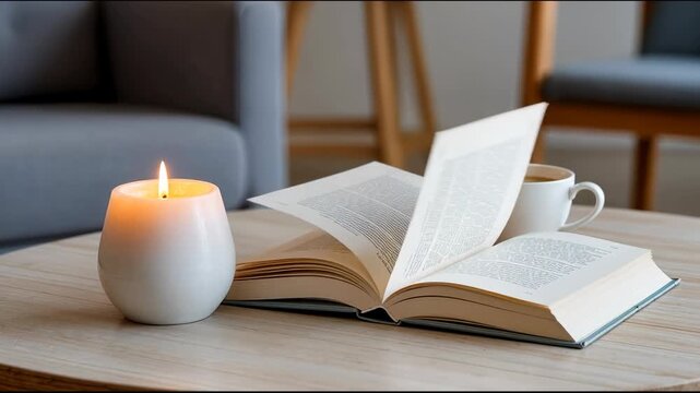 Enjoy a peaceful time with an open book, warm coffee, and soft candlelight.