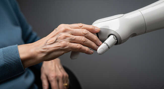 Robotic caregiver holding the hand of a senior woman, a concept for AI in healthcare, elderly assistance, and future technology.