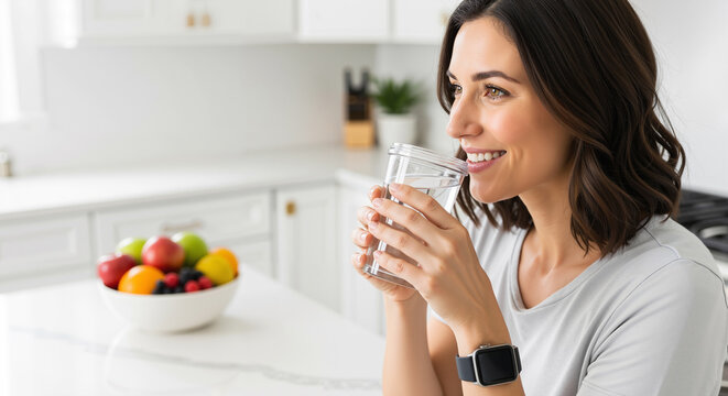 Healthy smiling woman drinking a glass of fresh clean water in a modern white kitchen for wellness and hydration.