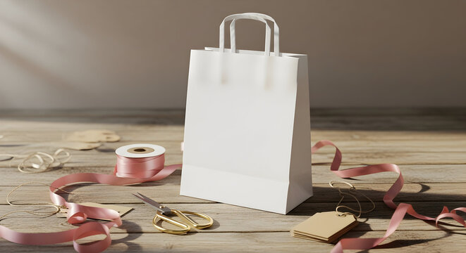 White Paper Bag Mockup with Pink Ribbon and Gift Tags on Wooden Table - Powered by Adobe