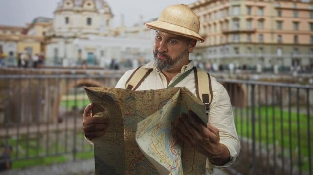 Man holding a folded paper map and pointing with hands at a route near ancient roman ruins building, wearing hat and backpack; curiosity adventure.