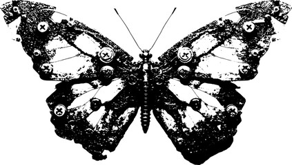 Obraz premium xerography Mechanical butterfly engraving black and white vector, steampunk insect with metal parts, surreal retro illustration isolated