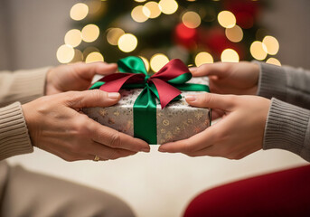 Close-Up of Hands Exchanging a Beautifully Wrapped Gift During a Holiday Sale Promotion