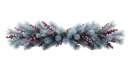 Garland with frosted pine branches and berries isolated on transparent background