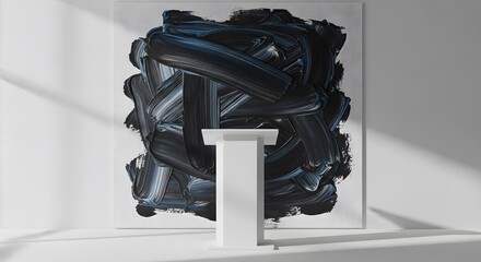 Abstract painting with white pedestal in gallery