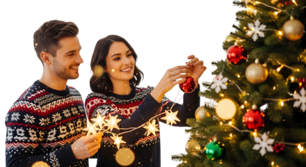 Couple decorating christmas tree together isolated on transparent background