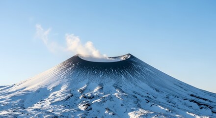 Volcano with snow-covered slopes and steam