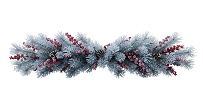 Garland with frosted pine branches and berries isolated on transparent background
