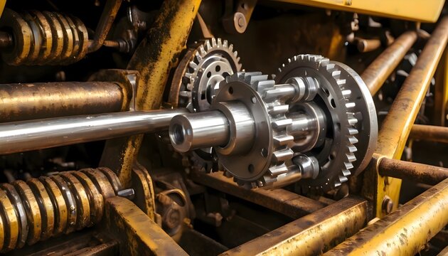Close-up of a machine showing gears and mechanical components in detail, emphasizing engineering, industrial operation, and technical precision in a factory setting