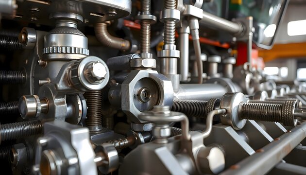 Factory machine with numerous bolts and nuts, showing detailed mechanical construction, emphasizing industrial assembly, engineering, and precise machinery operation