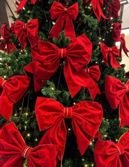 Christmas tree decorated with large red velvet bows and glowing lights