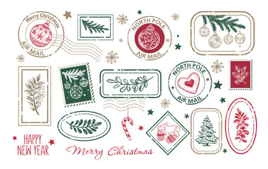 Hand-Drawn Christmas and New Year Postal Stamps Collection