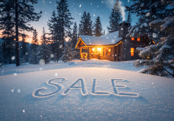 Festive Winter Scene with "SALE" Written in Fresh Snow and a Cozy Cabin in the Background