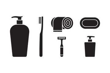 Collection of black bathroom hygiene and personal care icons