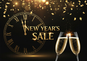 Glamorous New Year's Sale Banner with a Countdown Clock, Champagne, and Golden Confetti