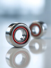Two shiny metal ball bearings with red seals resting on a reflective surface featuring a soft blurred background highlighting precision engineering components