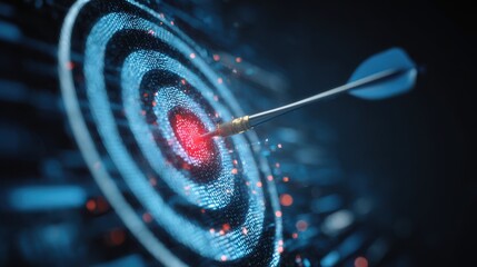 A blue dart hits the bullseye on a digital target with glowing particles