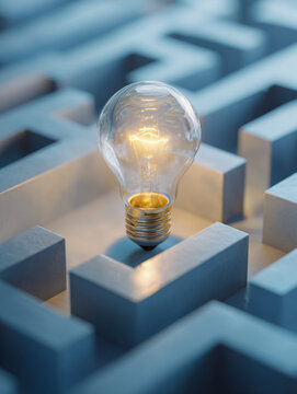 Glowing light bulb shining in the center of a blue maze symbolizing creativity and finding solutions amid complex challenges and obstacles