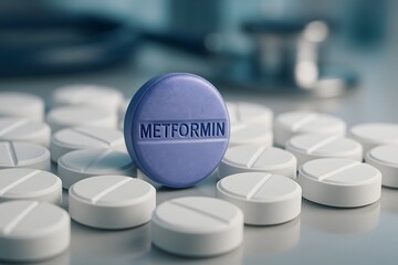 Blue Metformin tablet standing among white pills with stethoscope in background, symbolizing diabetes treatment and pharmaceutical care.