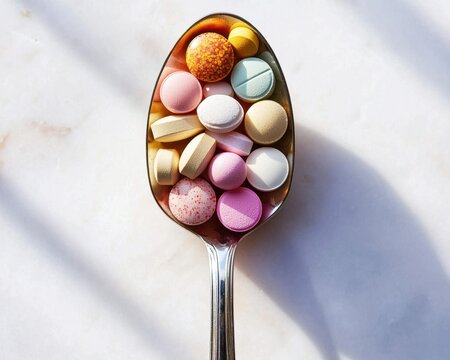 Assorted colorful pills and tablets in a silver spoon on a white surface