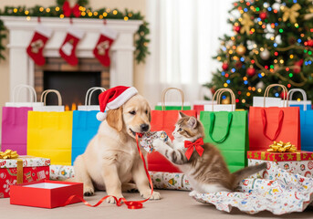Adorable Puppy and Kitten Playing Amongst Holiday Shopping Bags and Gift Boxes
