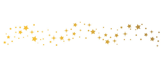 Golden star sparkle wave with glowing light trail, decorative glitter curve of shiny stars and dots, elegant festive element for overlay, celebration or luxury design