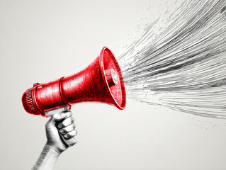Illustration of a hand holding a red megaphone emitting dynamic black sketch lines symbolizing loud communication and spreading messages energetically