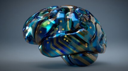 Chrome cerebral evolution: ai's ascendancy in modern age. Raw beauty. A glimpse of tomorrow with 3d futuristic ai brain chip icon in focus. Candid shot. Honest scene.