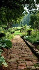 Obraz premium A winding brick pathway leads through a lush, green garden in summer