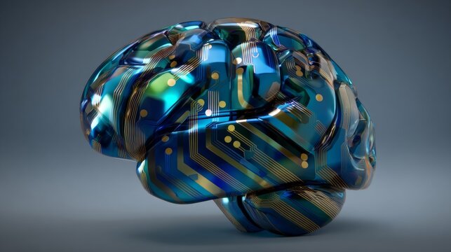 Chrome cerebral evolution: ai's ascendancy in modern age. Raw beauty. A glimpse of tomorrow with 3d futuristic ai brain chip icon in focus. Candid shot. Honest scene. - Powered by Adobe