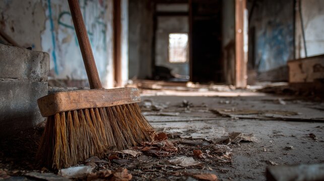 Old broom in a derelict abandoned building hallway