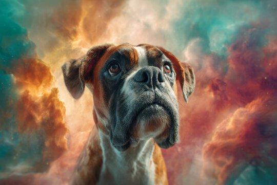 Majestic dog portrait against a cosmic nebula background - Powered by Adobe
