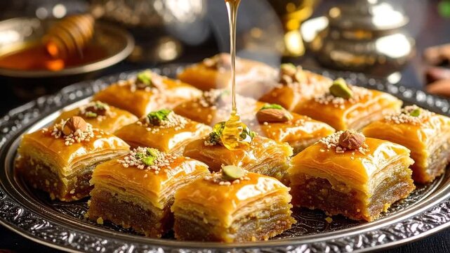 Delicious Baklava Dessert with Honey Drizzled on Plate