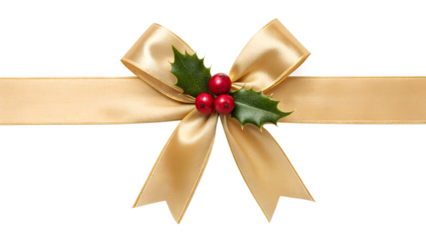 Gold Christmas Ribbon with Holly and Red Berries – Luxury Holiday Bow Decoration PNG Image