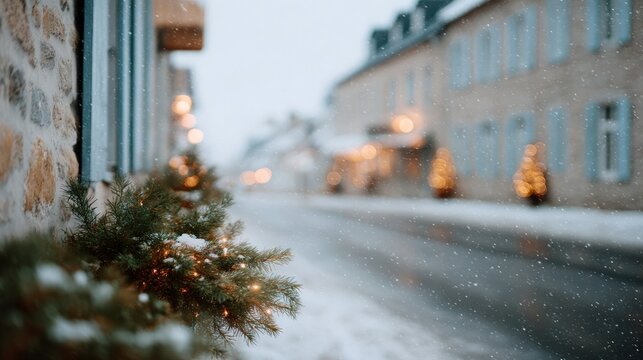 Street scene with a Christmas tree in a window box