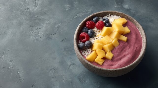 Bowl of fruit with blueberries and raspberries on top of a bowl of mango
