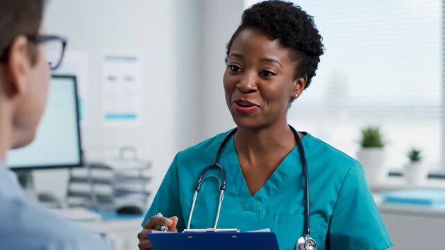 A friendly doctor consults with a patient in a modern clinic setting discussing healthcare