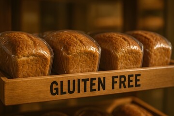 Shelf labeled “Gluten Free” with individually wrapped bread loaves, highlighting dietary options for gluten intolerance and celiac awareness.