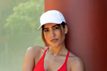 Woman wearing red top and white cap looking at camera outdoors