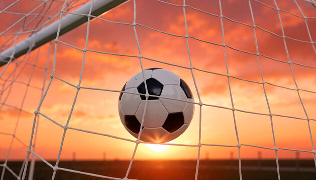 A soccer ball in the goal net against a stunning sunset backdrop