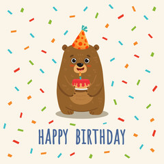     Перейти к странице|123Далее

Cute cartoon bear with cake. Teddy bear in flat style for greeting card, book, activity page. Happy birthday postcard. Vector illustration