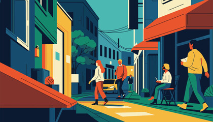 Vibrant city scene with pedestrians enjoying a lively day, perfect for urban living or travel concepts and promoting community engagement