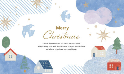 クリスマスのかわいい街の手描きイラスト素材