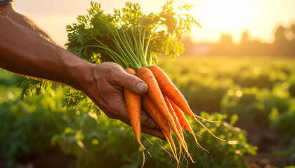 farmer's hands holding carrots in the field