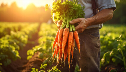 farmer's hands holding carrots in the field