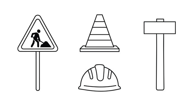 Essential construction safety icons featuring worker sign, traffic cone, hard hat, and hammer for promoting workplace safety initiatives - Powered by Adobe