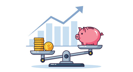 Achieve financial goals with savings growth and investment balance, illustrated by a piggy bank on scales with rising chart