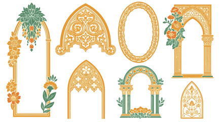 Detailed, symmetrical compositions of ornate archways, doorways, and frames, exuding a sense of architectural and decorative design, reminiscent of ancient, cultural influences.