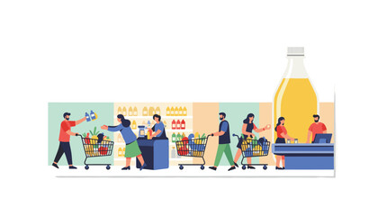 People shopping for groceries in a modern supermarket with vibrant colors and diverse customers buying food and household items for their family