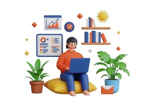 3D Illustration Remote Working Woman with Laptop and Office Elements, Modern Concept